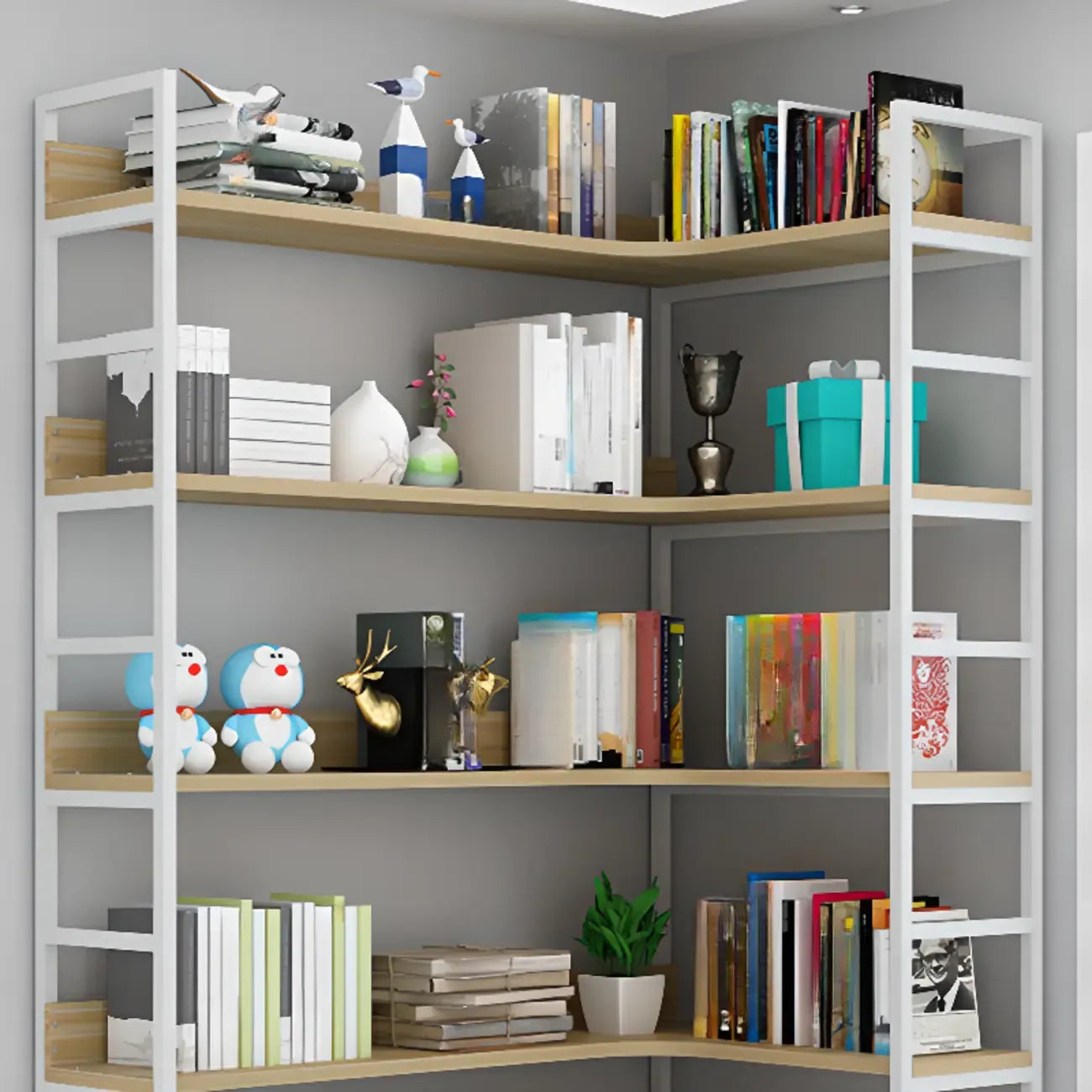 Etagere L-Shaped Metal Wood Corner Bookcase