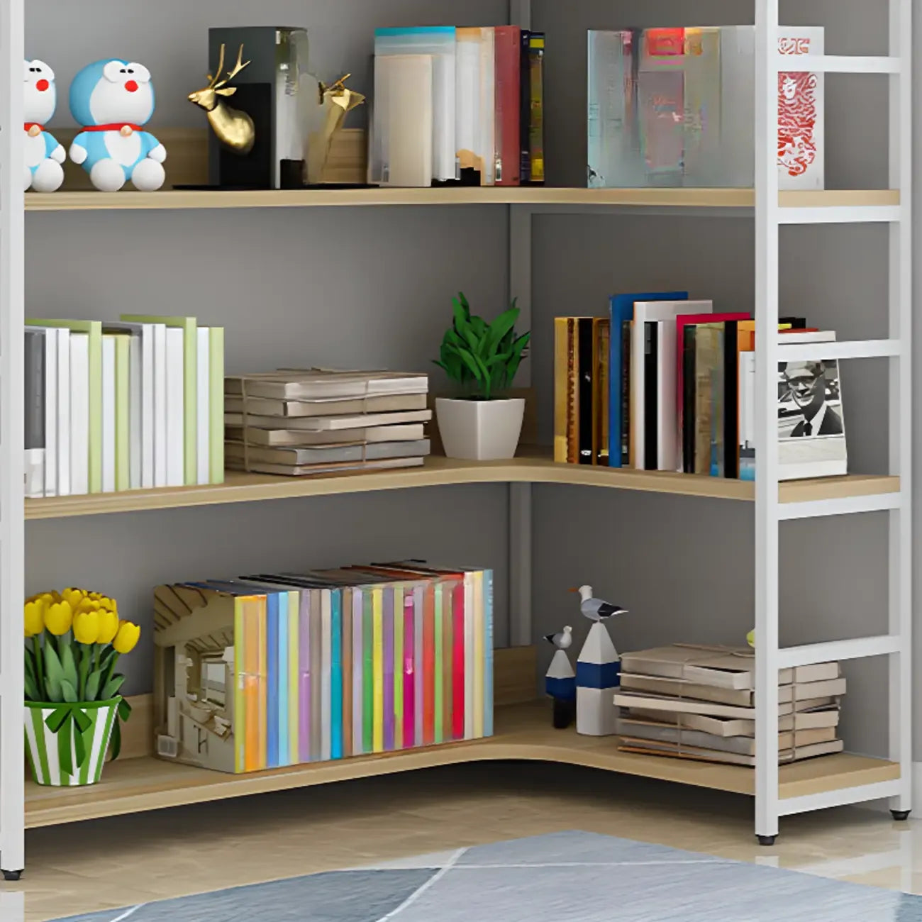 Etagere L-Shaped Metal Wood Corner Bookcase