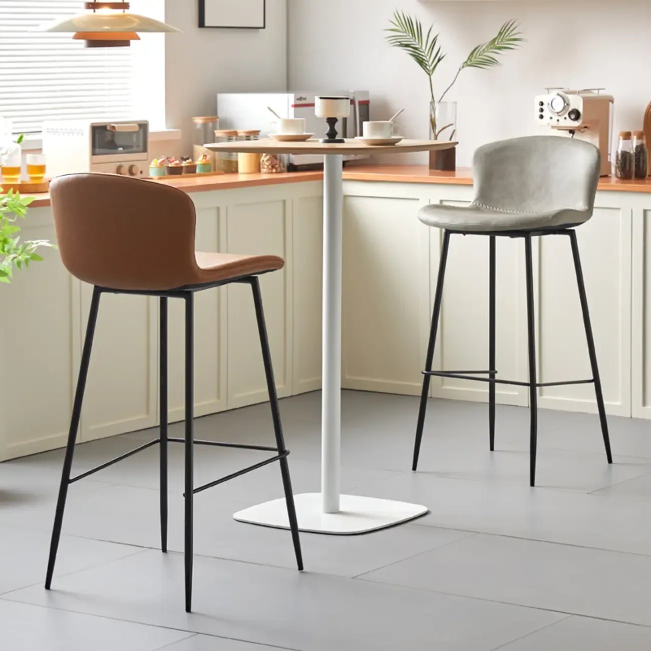 Modern Metal Frame Leather Cushion Low Back Bar Stool