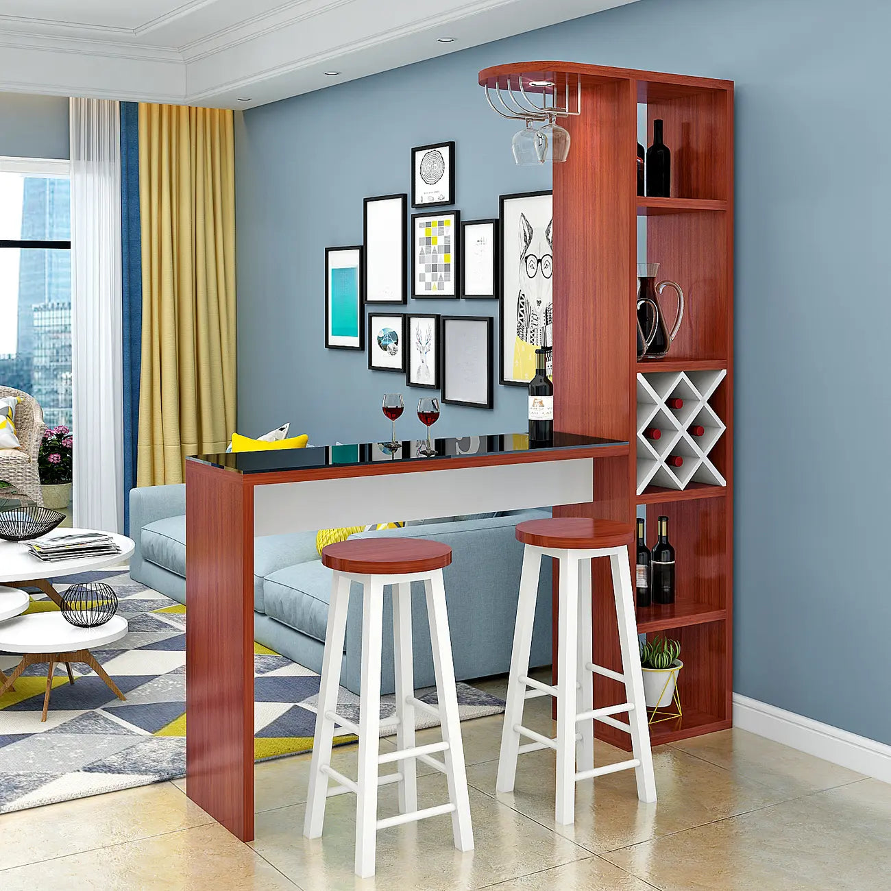 Smoke Tempered Glass Top Pub Table with Open Back Wine Shelf