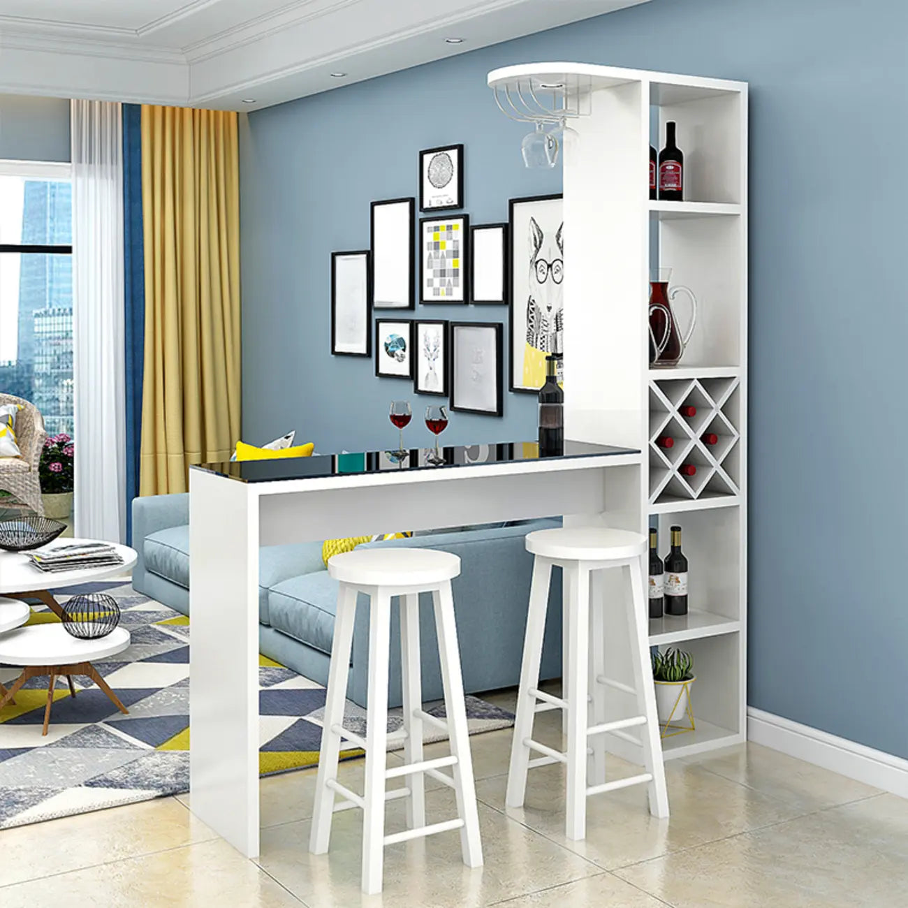 Smoke Tempered Glass Top Pub Table with Open Back Wine Shelf