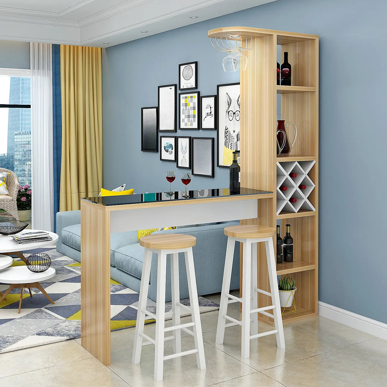 Smoke Tempered Glass Top Pub Table with Open Back Wine Shelf