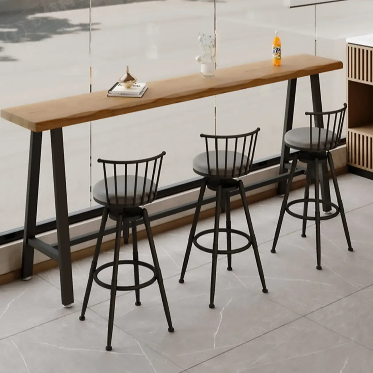 Simple Brown Pine Bar Tables with Footrest