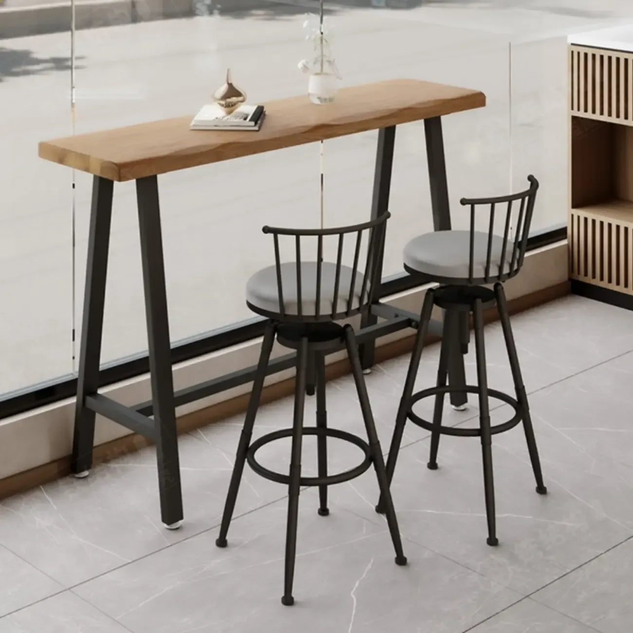 Simple Brown Pine Bar Tables with Footrest