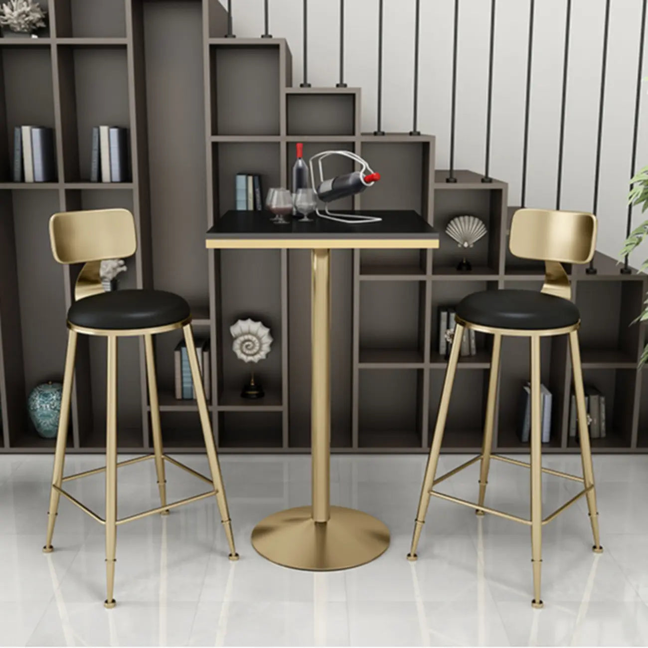 Small Round Golden Base Bar Table Stone Top 2 Seat