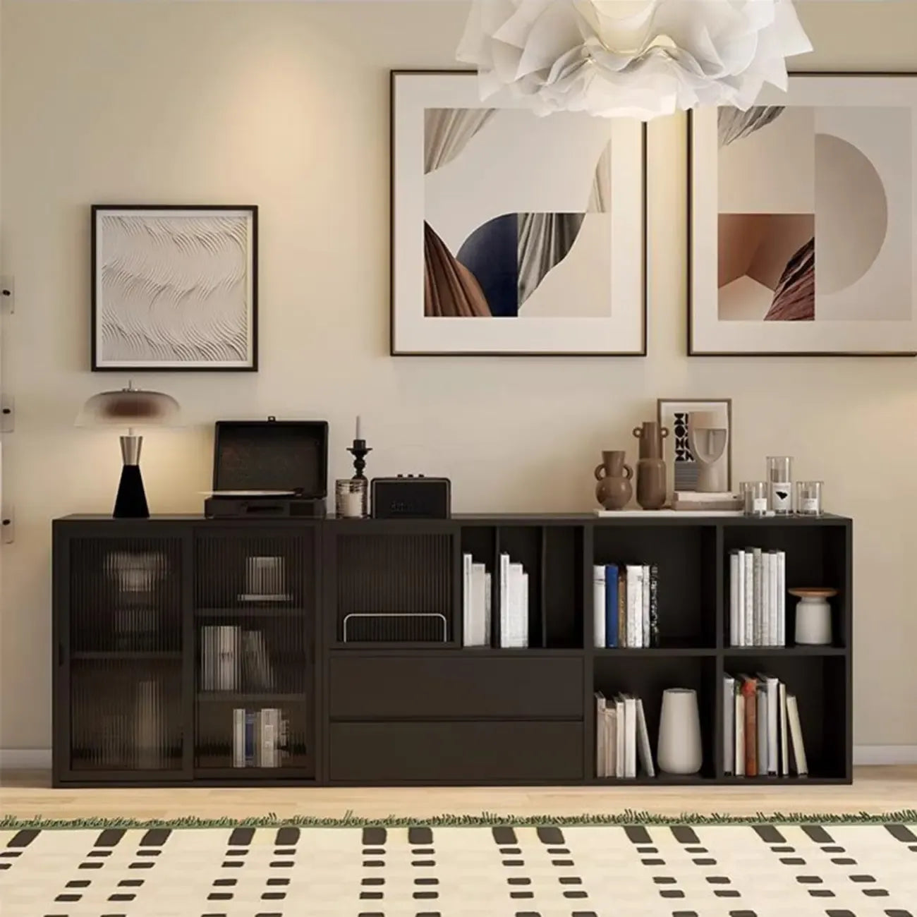 Black Short Cube Wood Bookshelf with Drawers Cabinet