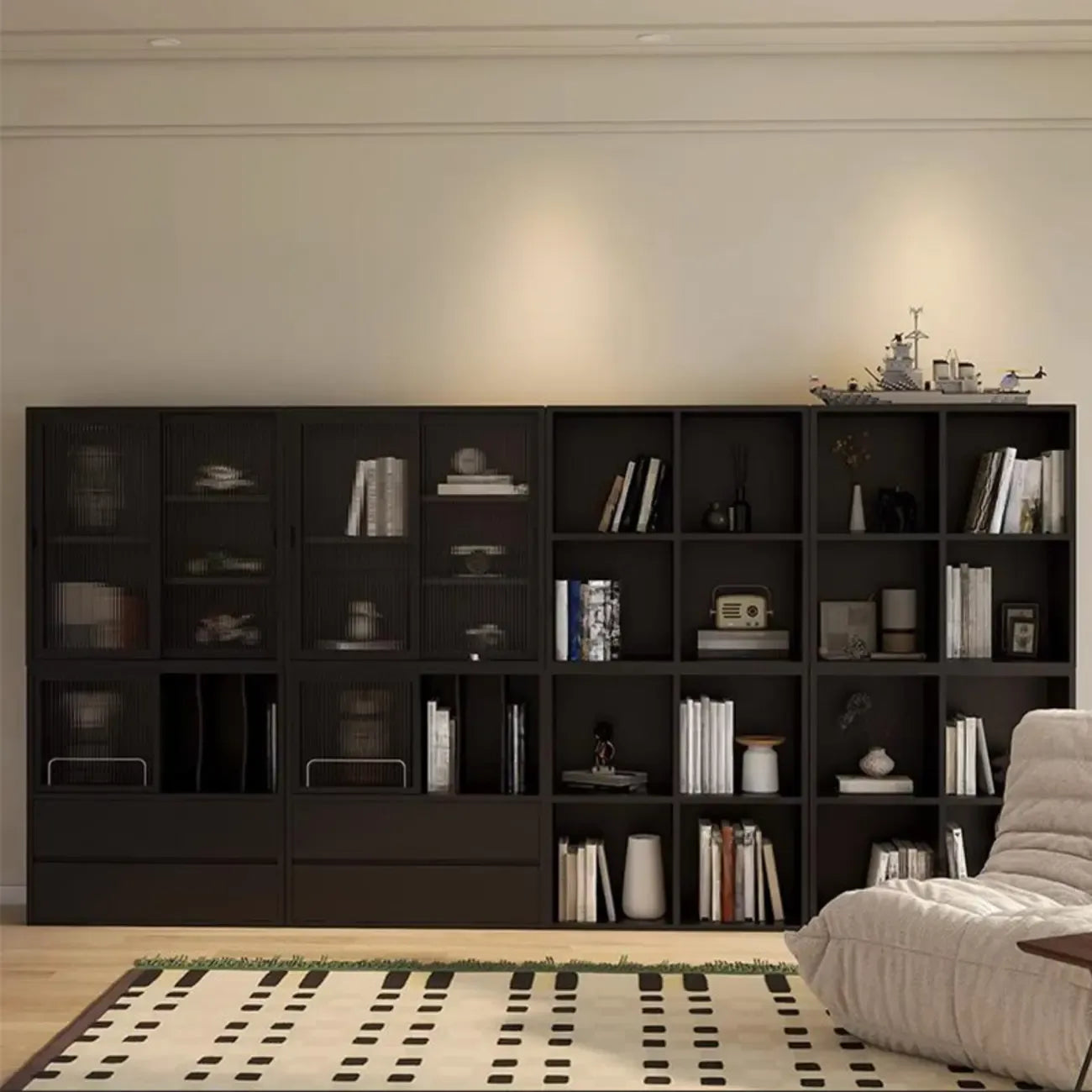 Black Short Cube Wood Bookshelf with Drawers Cabinet