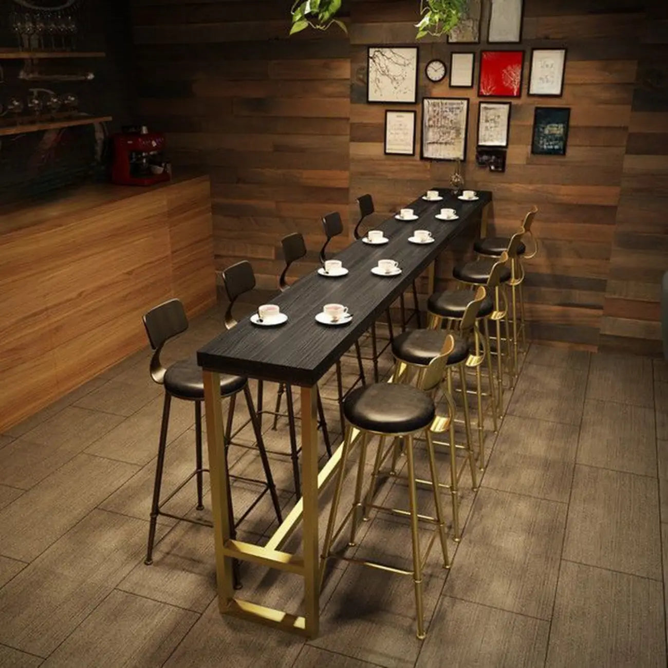 Luxurious Midnight Black Wood Gold Metal Leg Rest Bar Tables