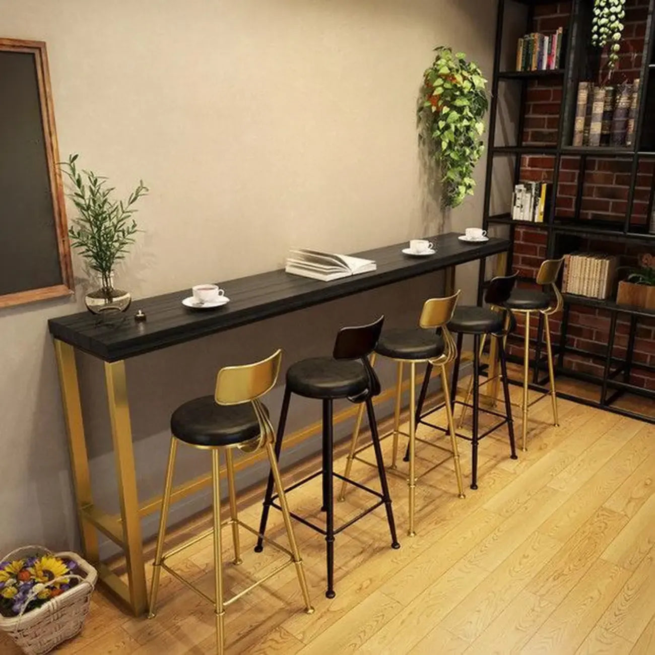 Luxurious Midnight Black Wood Gold Metal Leg Rest Bar Tables