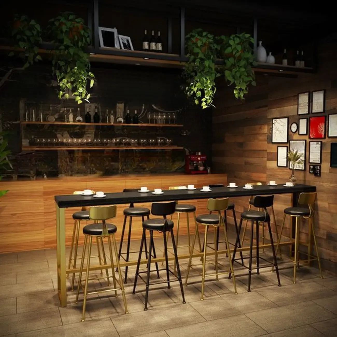 Luxurious Midnight Black Wood Gold Metal Leg Rest Bar Tables