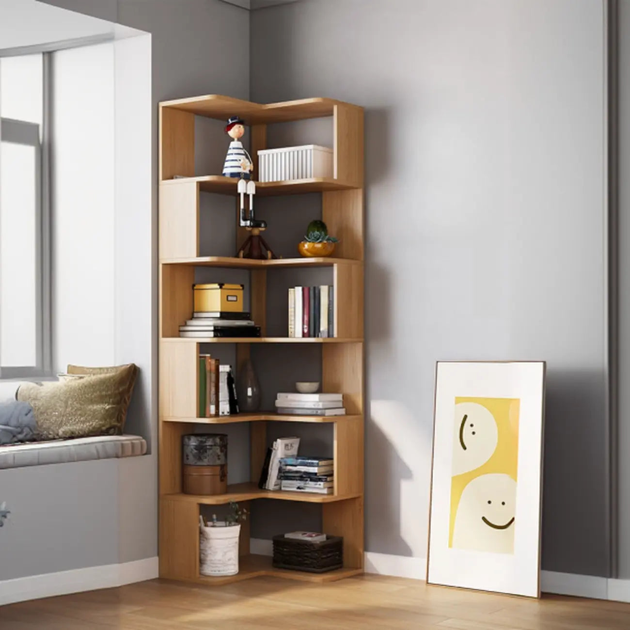 Living Room Open Back Deep Corner Wood Bookcase