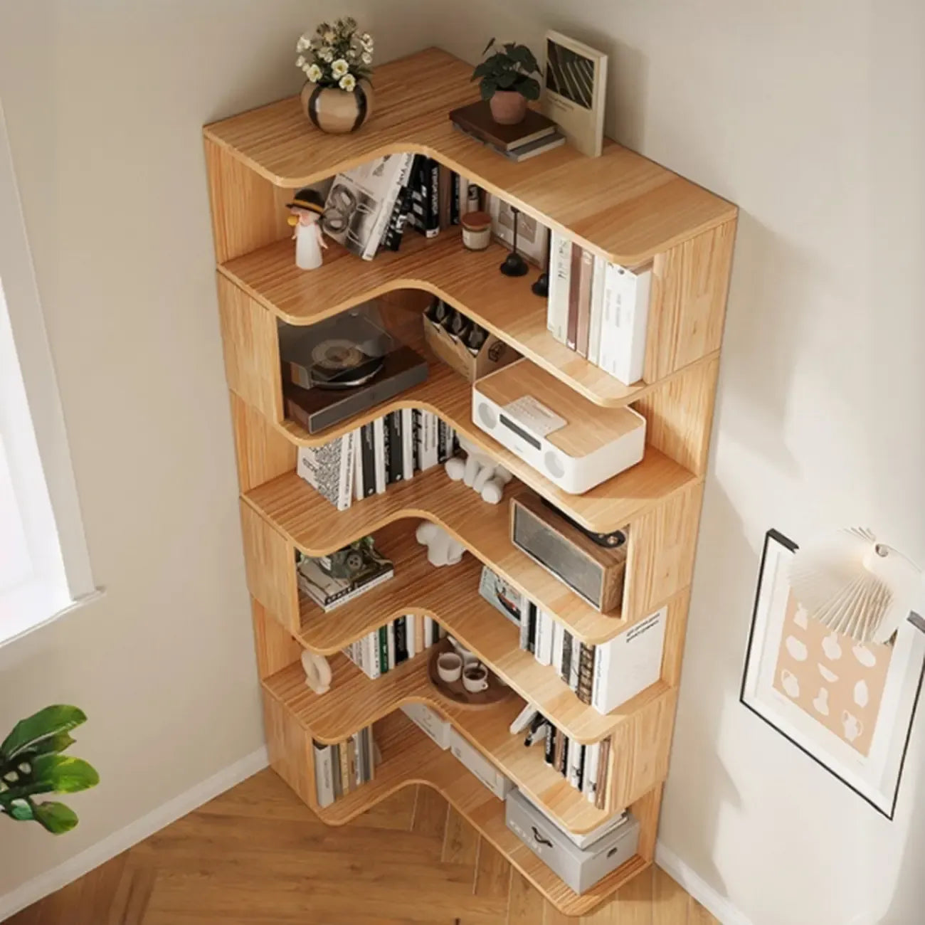 Natural Finish L-Shaped Vertical Wood Open Back Bookcase