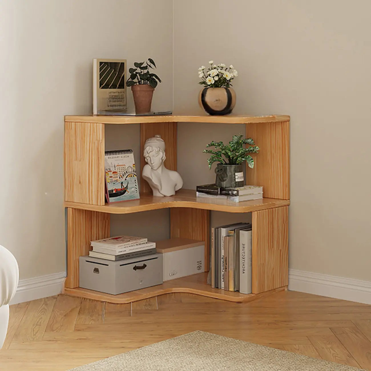 Natural Finish L-Shaped Vertical Wood Open Back Bookcase