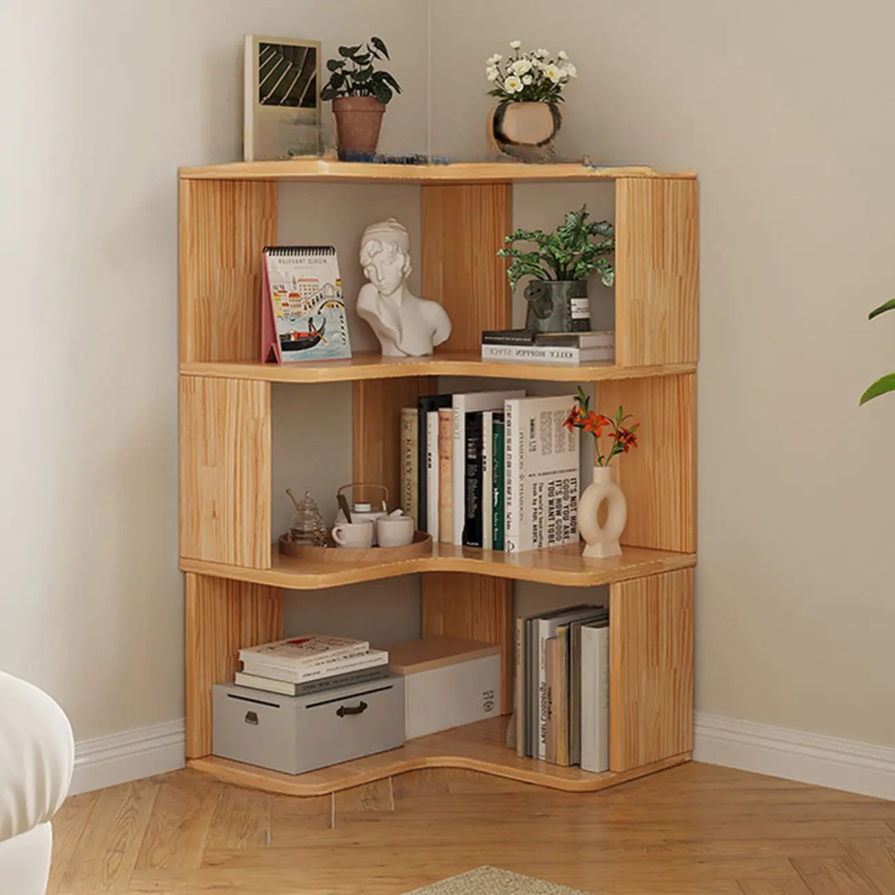 Natural Finish L-Shaped Vertical Wood Open Back Bookcase