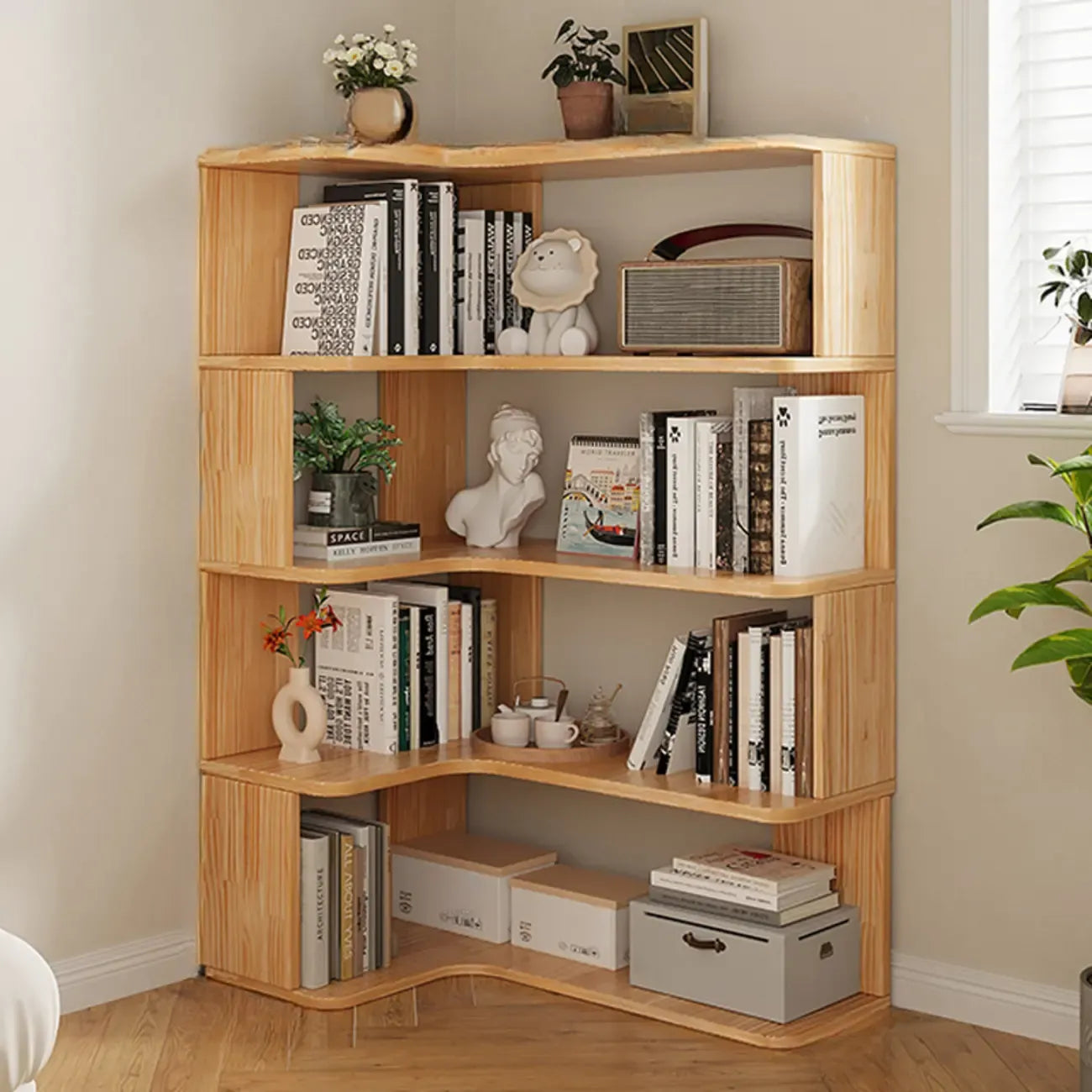Natural Finish L-Shaped Vertical Wood Open Back Bookcase