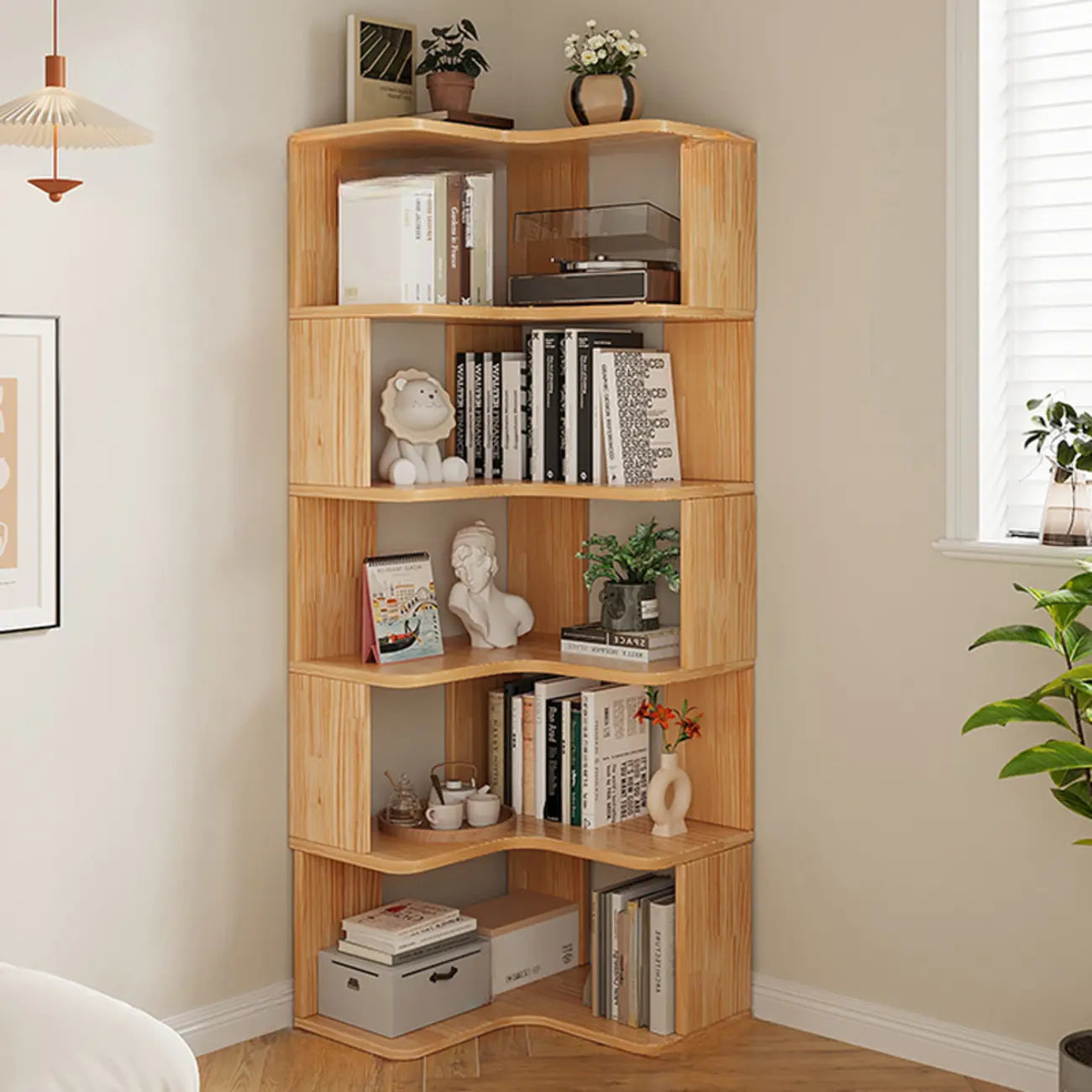 Natural Finish L-Shaped Vertical Wood Open Back Bookcase
