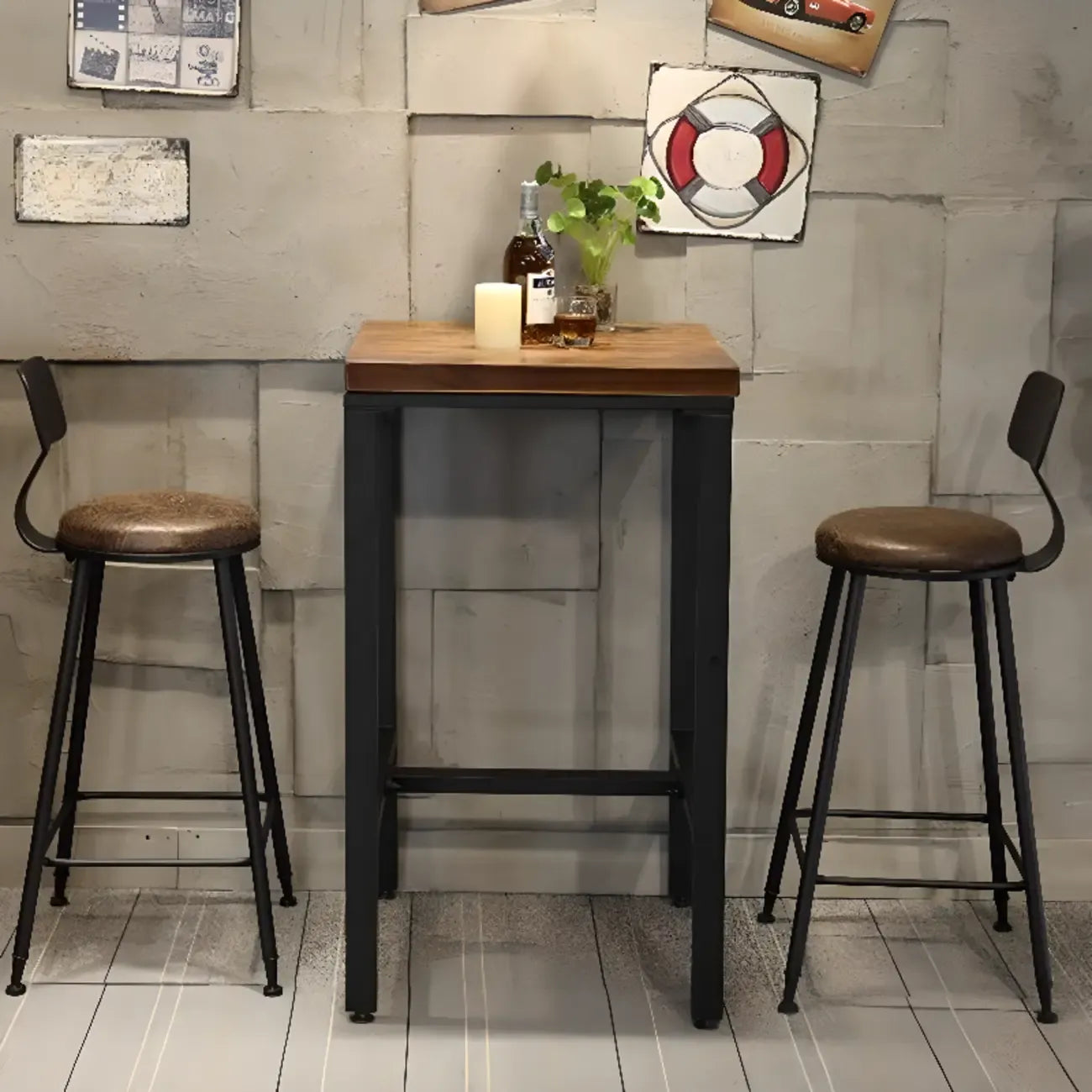 Industrial Brown Wooden Square Trestle Bar Tables