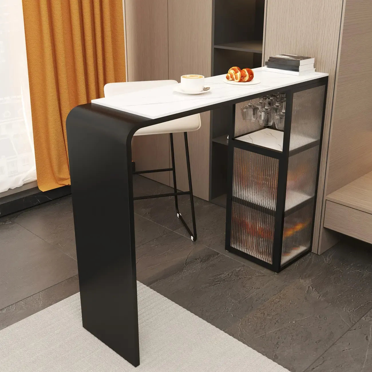 Sleek White Slate Storage Bar Tables with Stemware Holders