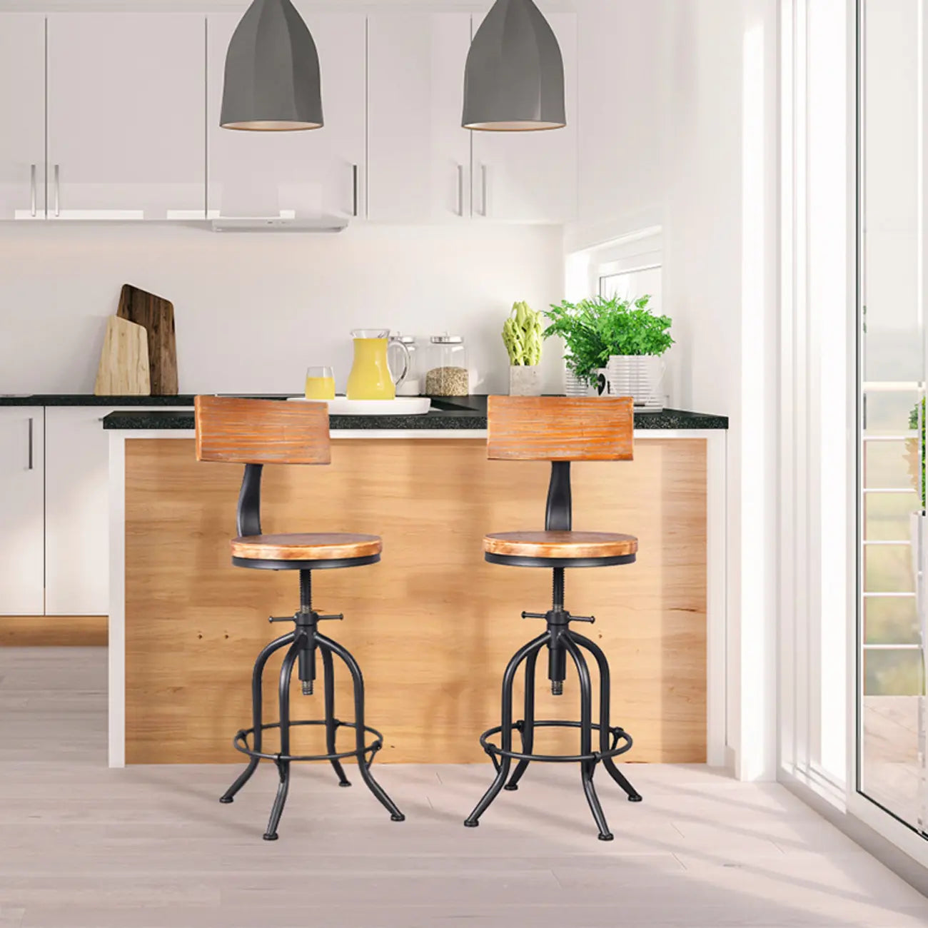Industrial Round Adjustable Wooden Metal Bar Stools With Backs