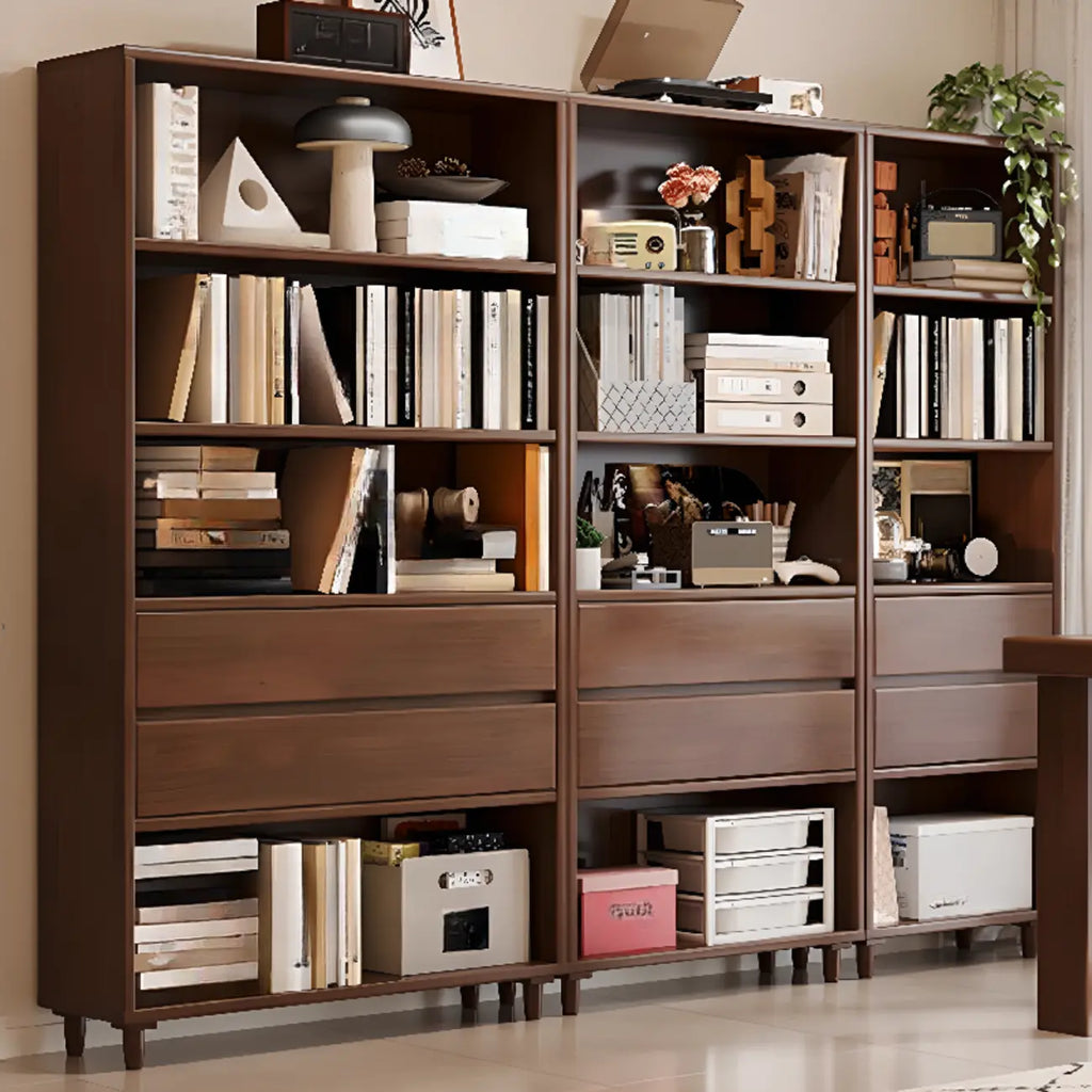 Spacious Versatile Vertical Brown Wood Bookcase with Drawers