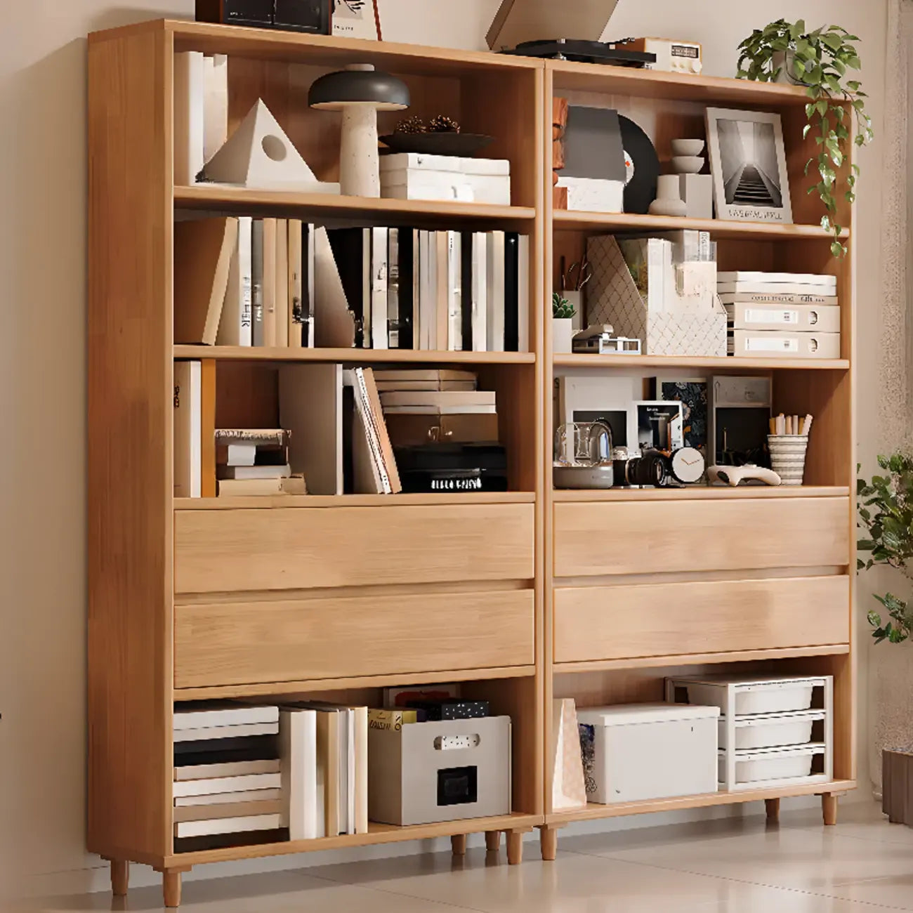 Spacious Versatile Vertical Brown Wood Bookcase with Drawers