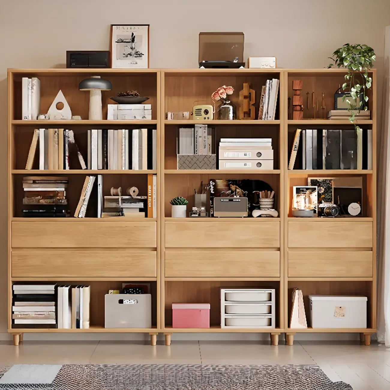 Spacious Versatile Vertical Brown Wood Bookcase with Drawers