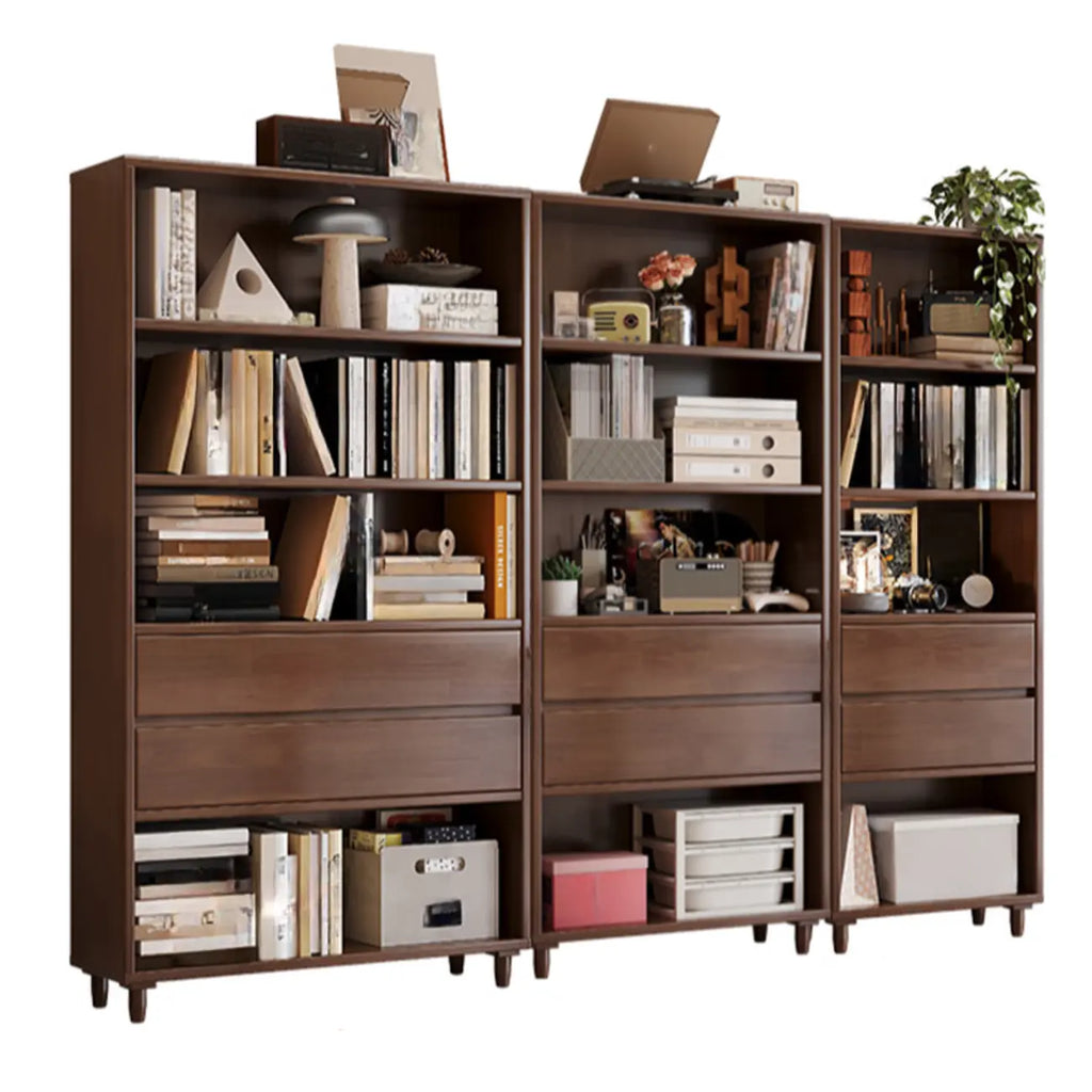 Spacious Versatile Vertical Brown Wood Bookcase with Drawers