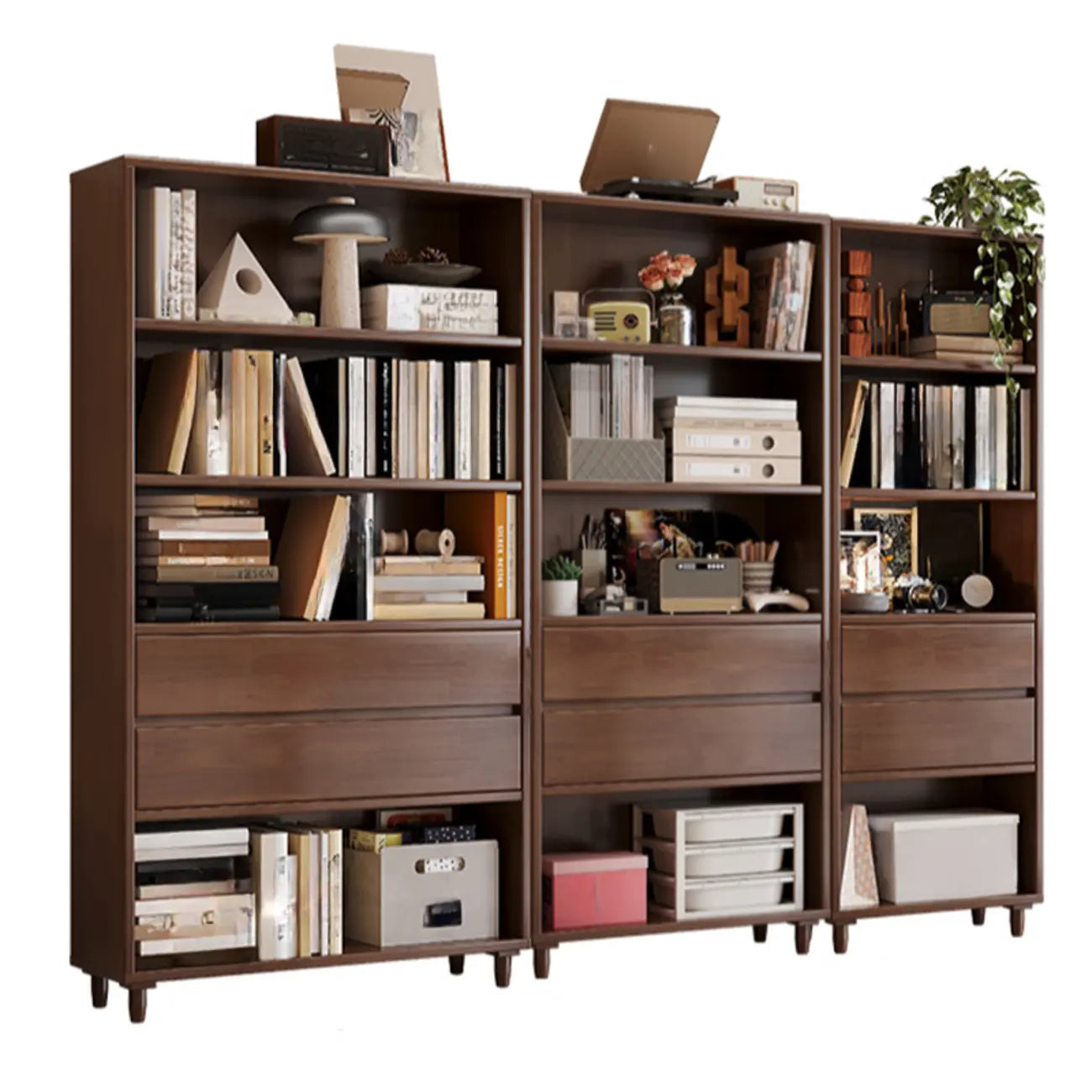 Spacious Versatile Vertical Brown Wood Bookcase with Drawers