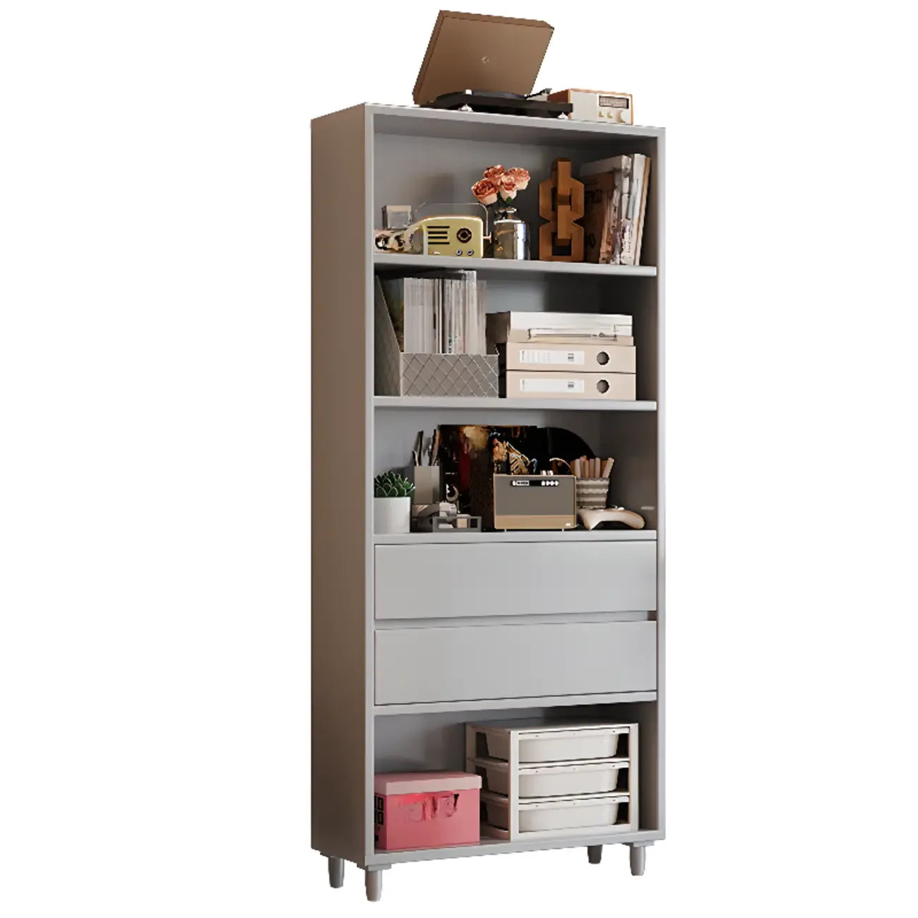 Spacious Versatile Vertical Brown Wood Bookcase with Drawers