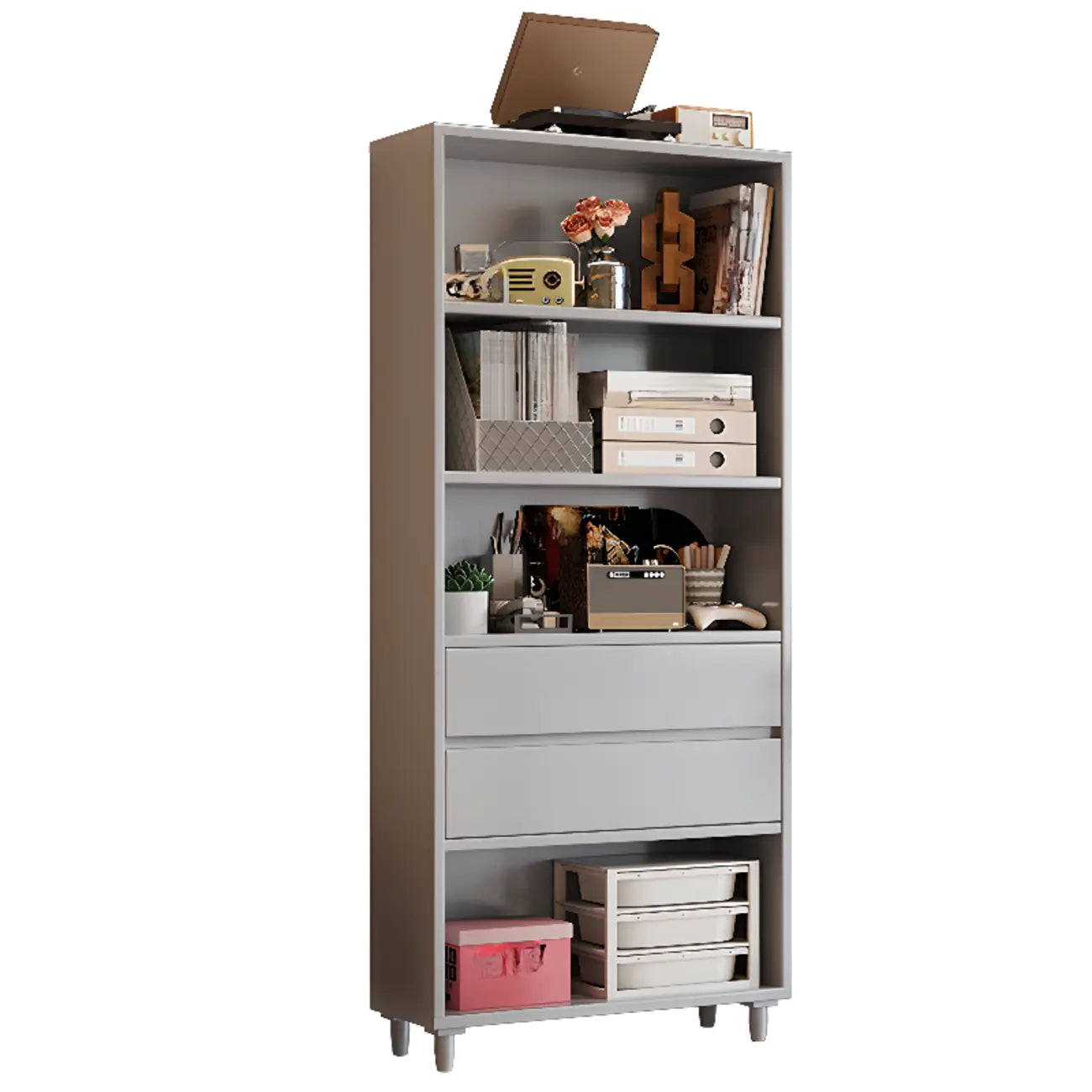 Spacious Versatile Vertical Brown Wood Bookcase with Drawers