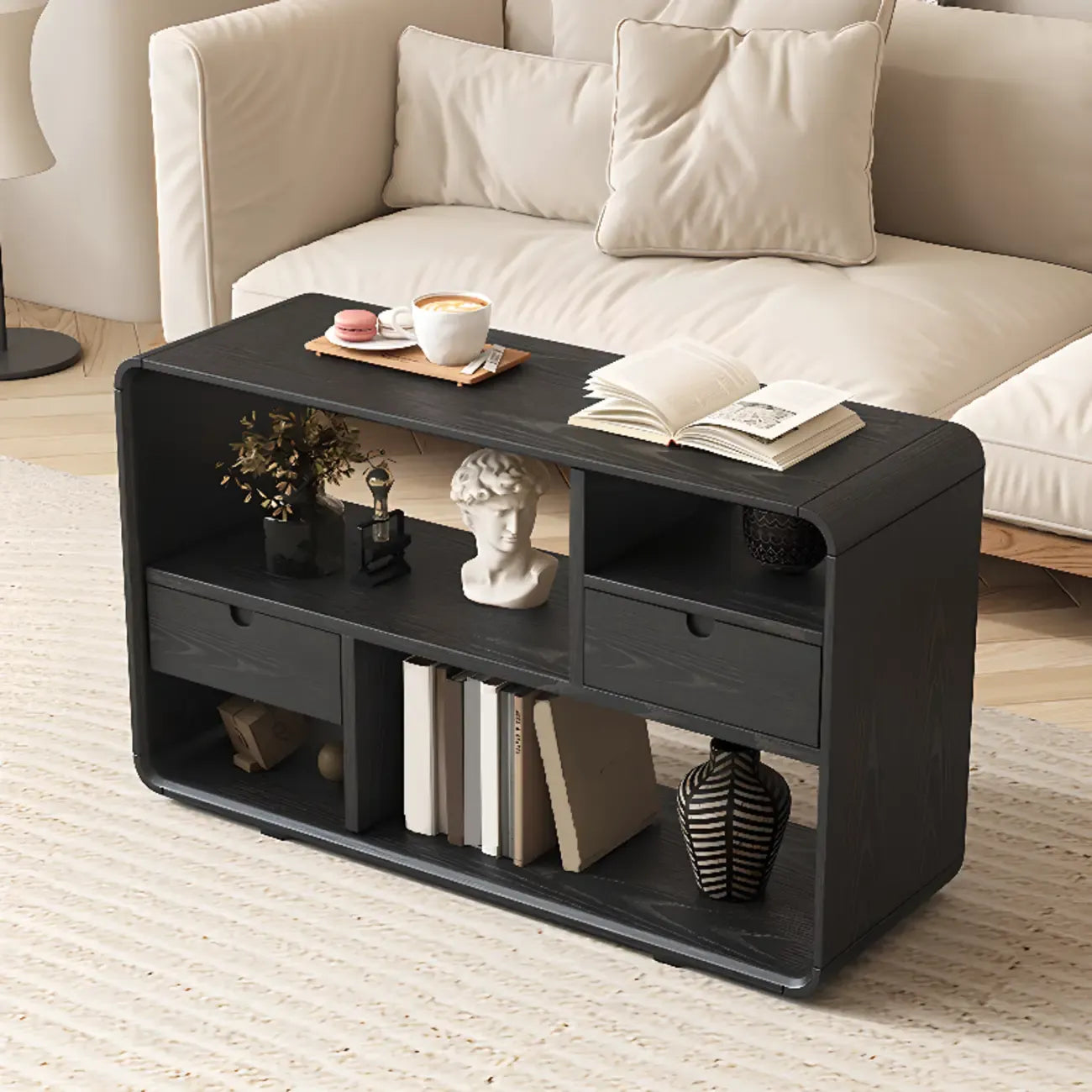 Narrow Rectangle Wooden Open Storage Black Display Shelf