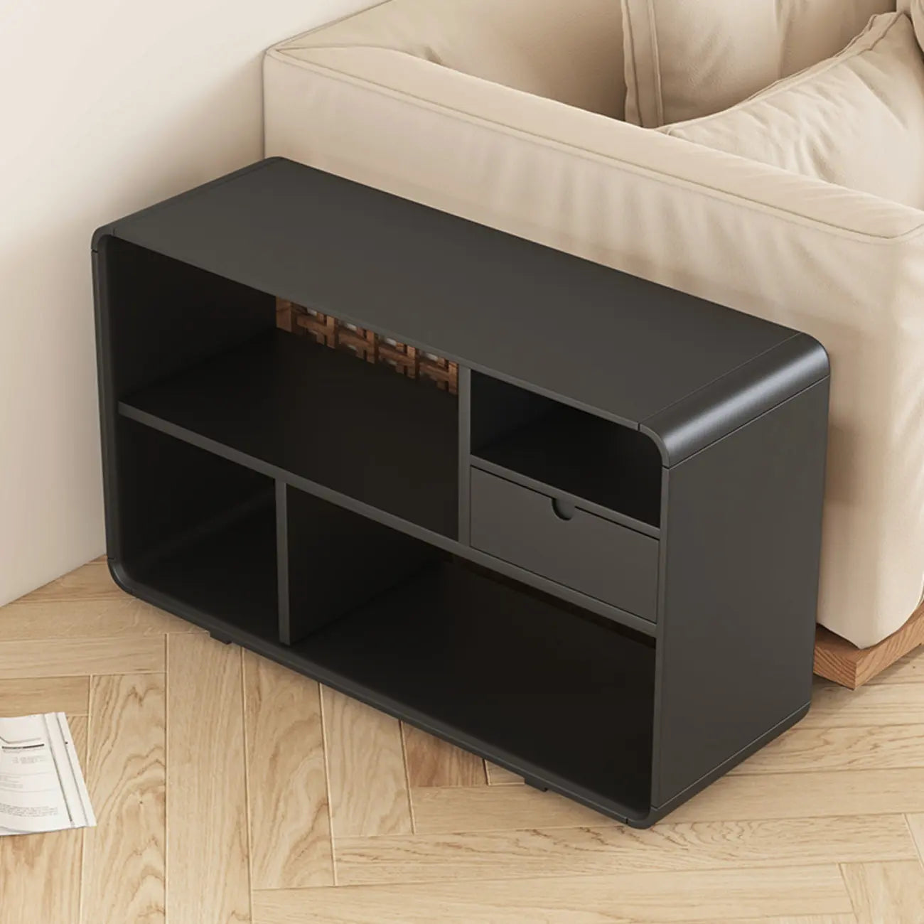 Narrow Rectangle Wooden Open Storage Black Display Shelf