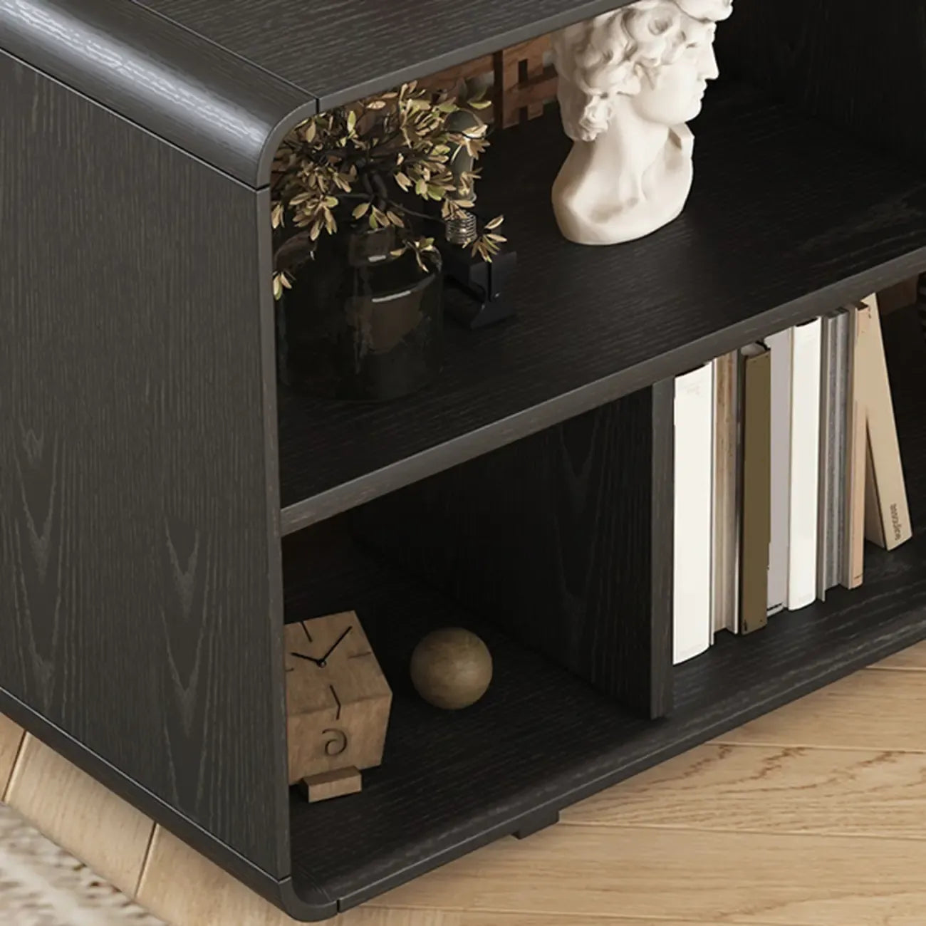 Narrow Rectangle Wooden Open Storage Black Display Shelf