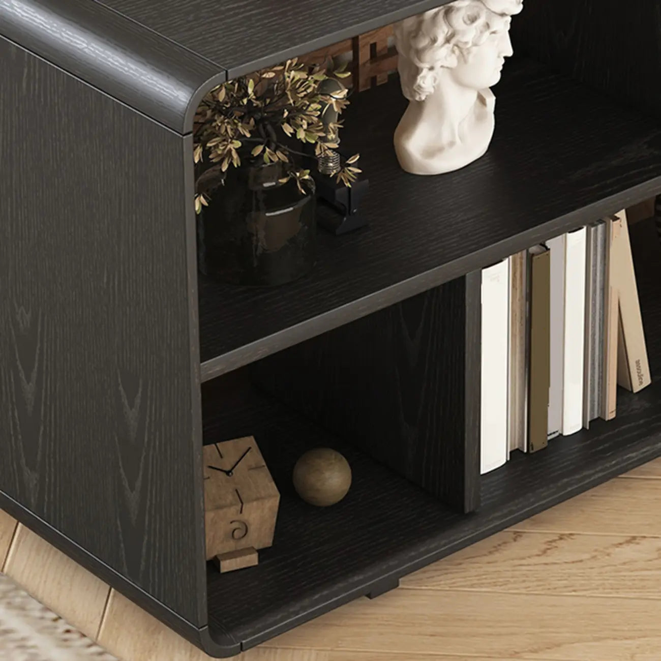 Narrow Rectangle Wooden Open Storage Black Display Shelf