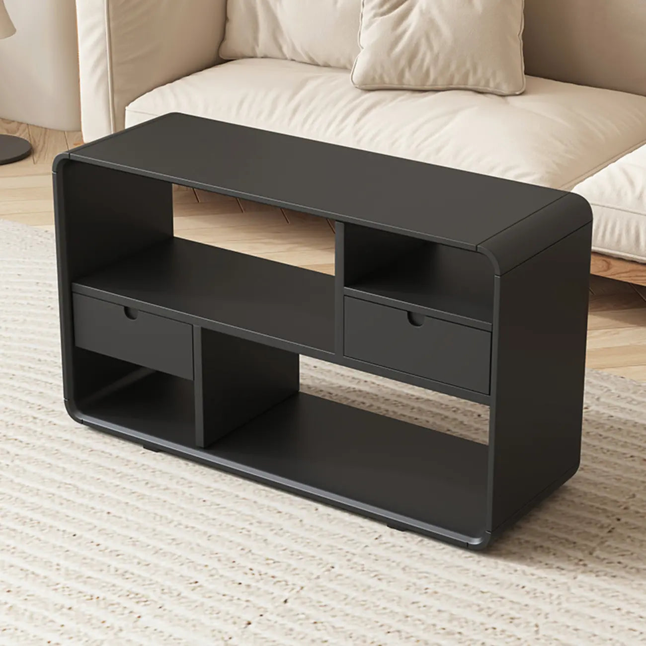 Narrow Rectangle Wooden Open Storage Black Display Shelf