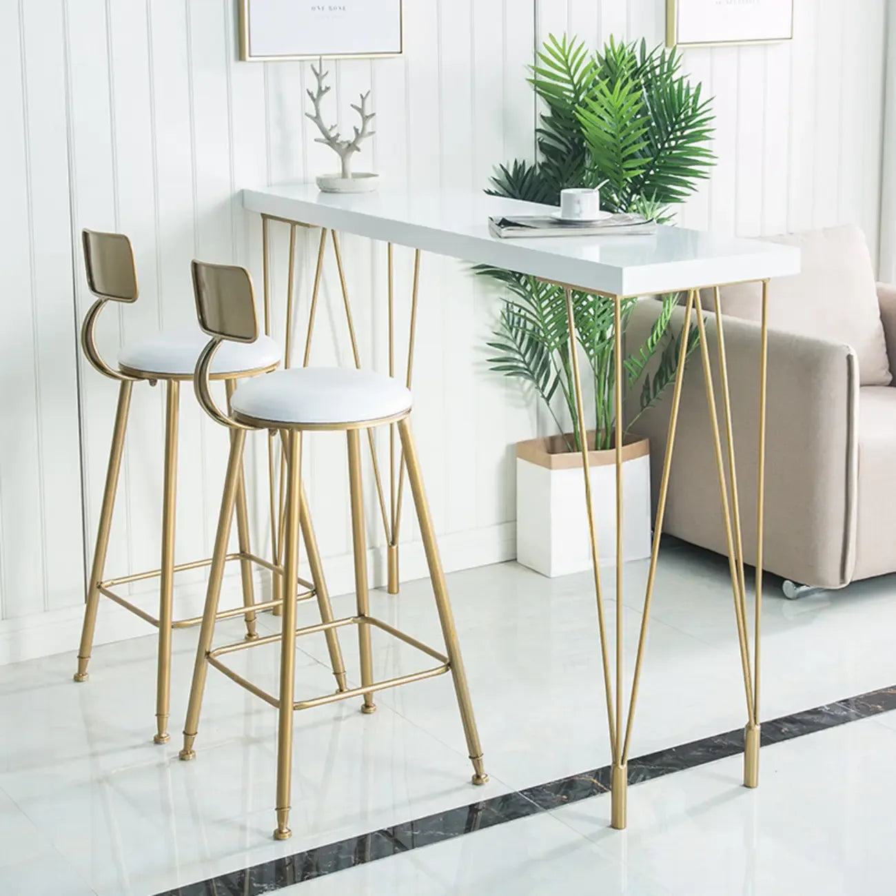 Sleek Counter Height Bar Table Wood Top Gold Base for Dining