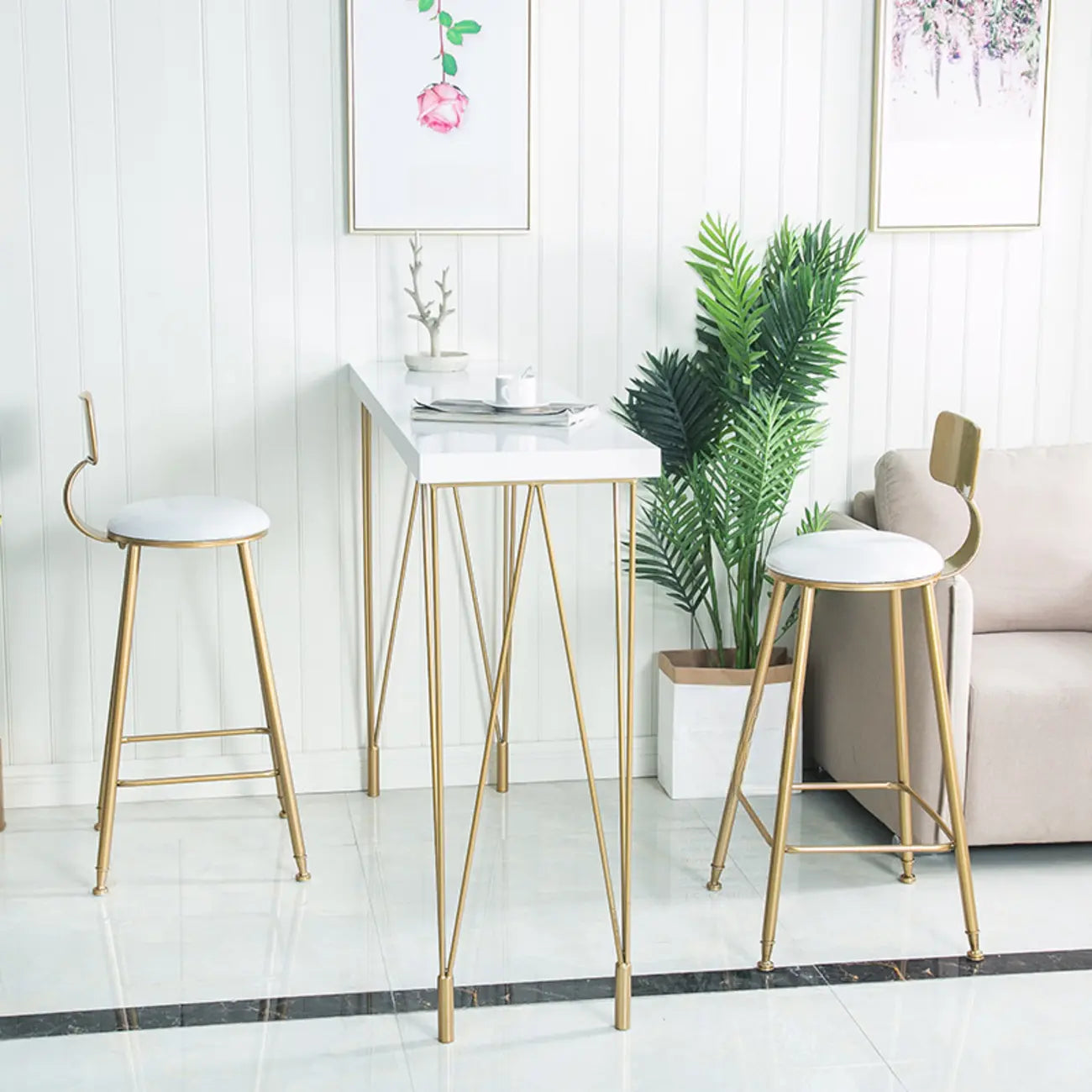 Sleek Counter Height Bar Table Wood Top Gold Base for Dining