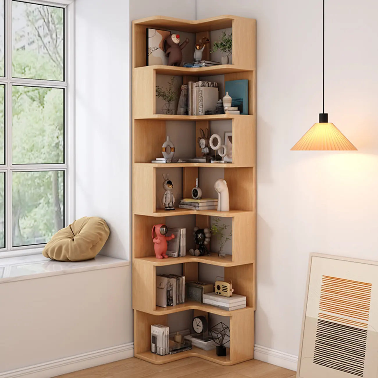 L-Shaped 6-Tier Wood Corner Display Bookcase