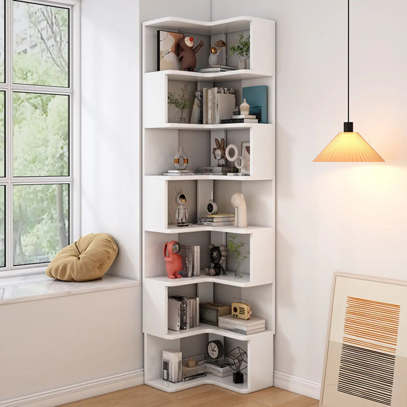 L-Shaped 6-Tier Wood Corner Display Bookcase