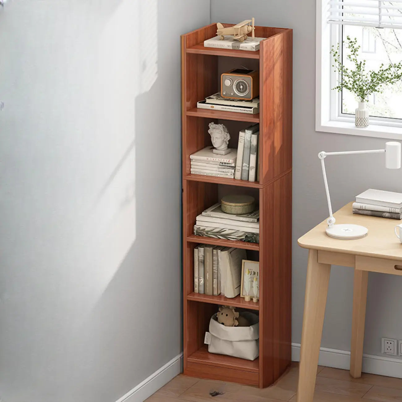 Scandinavian Oak Rectangle 5-Shelf Wood Bookcase