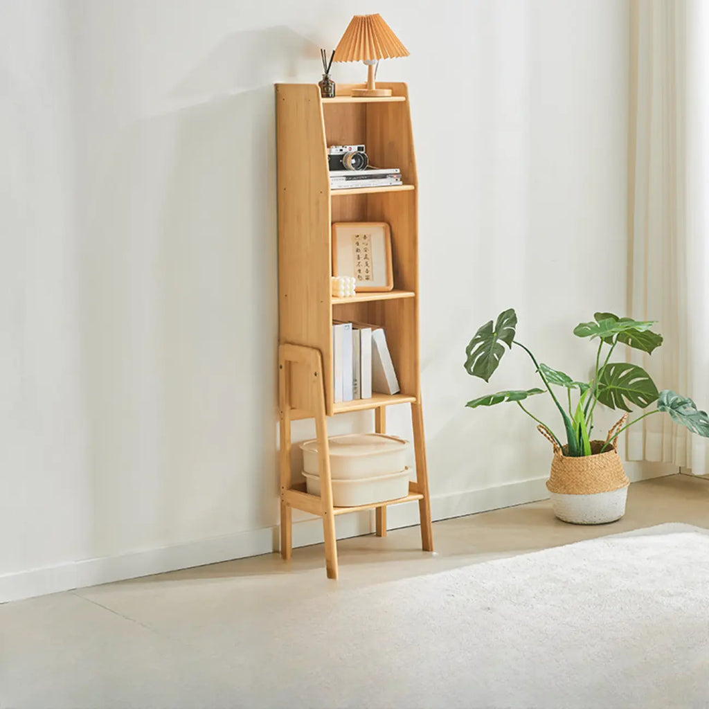Scandinavian Narrow Brown Wood Multi-Tier Ladder Bookcase