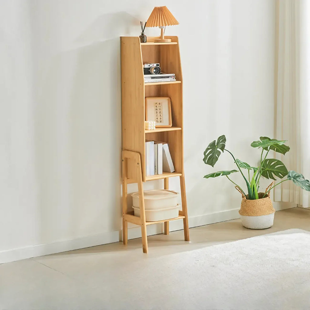 Scandinavian Narrow Brown Wood Multi-Tier Ladder Bookcase