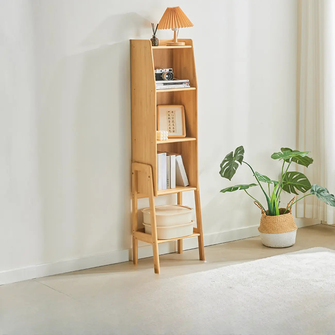 Scandinavian Narrow Brown Wood Multi-Tier Ladder Bookcase