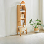 Scandinavian Narrow Brown Wood Multi-Tier Ladder Bookcase