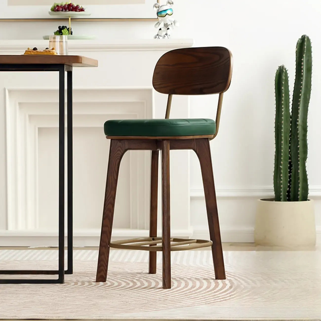 Wooden Square Leather Upholstered Bar Stool with Backrest