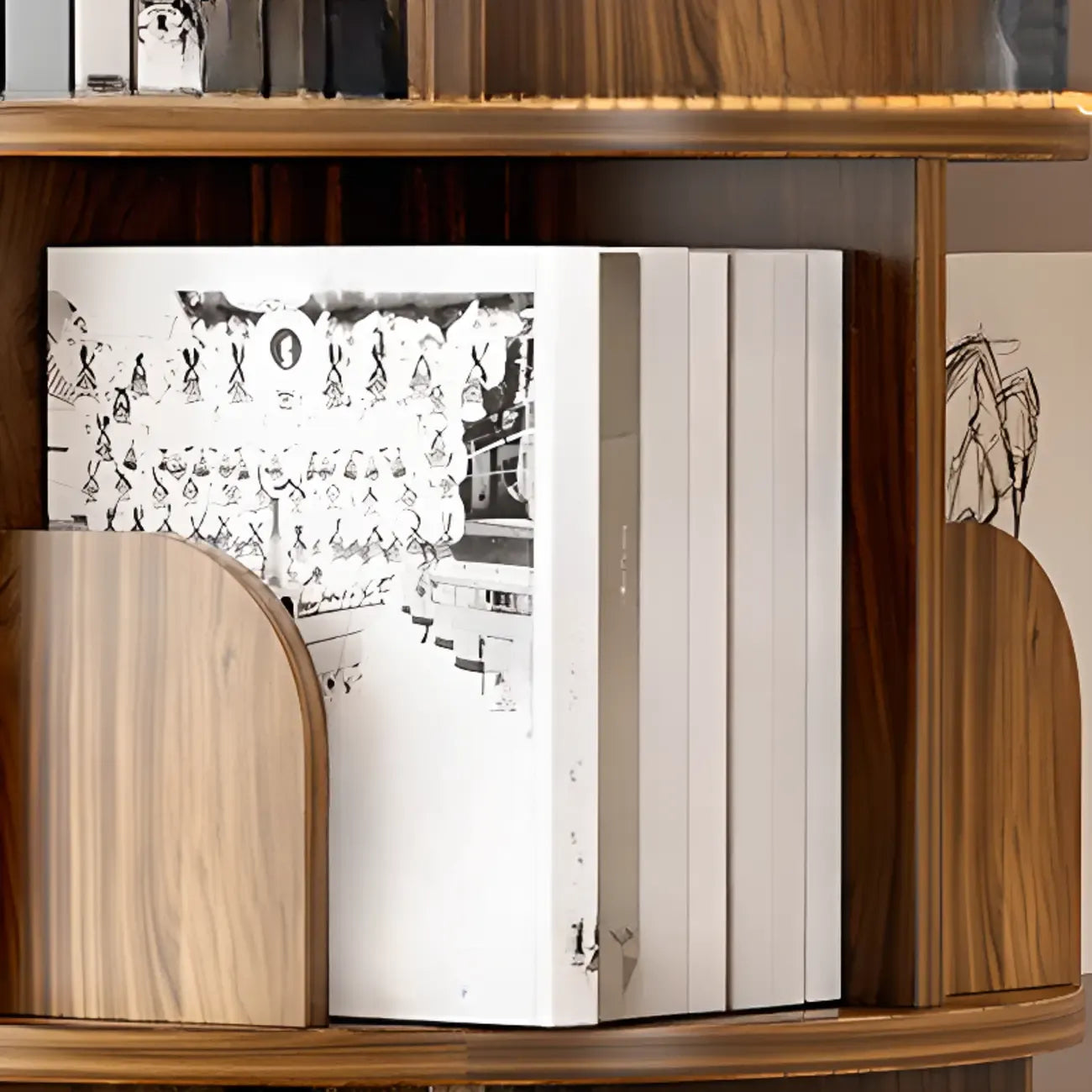 Narrow Wood 5-Tier Revolver Sliding Bookcase with Drawer
