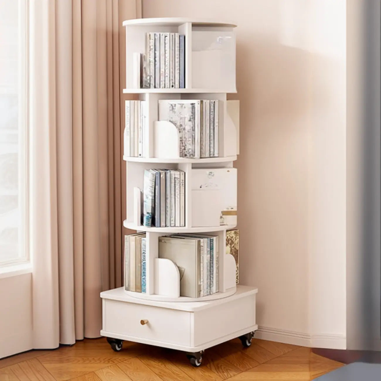 Narrow Wood 5-Tier Revolver Sliding Bookcase with Drawer