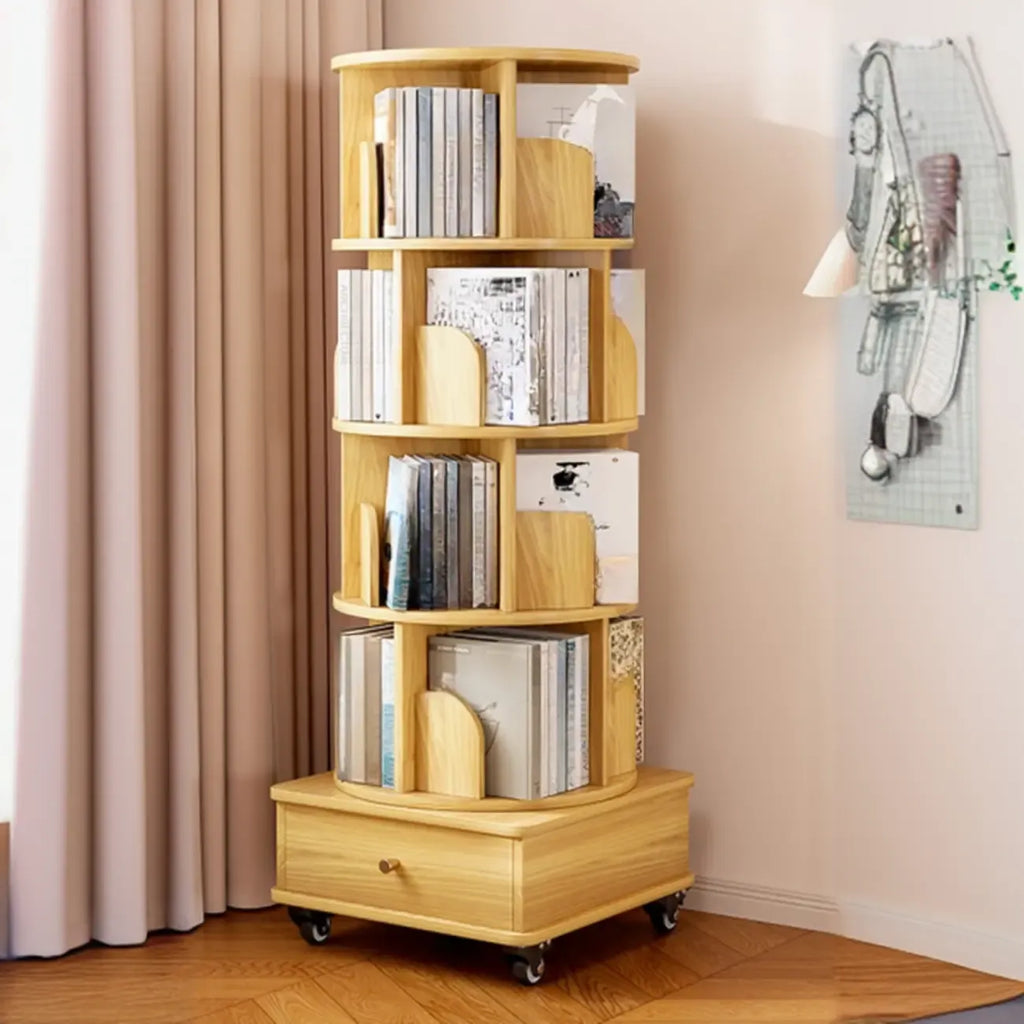 Narrow Wood 5-Tier Revolver Sliding Bookcase with Drawer