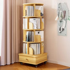 Narrow Wood 5-Tier Revolver Sliding Bookcase with Drawer