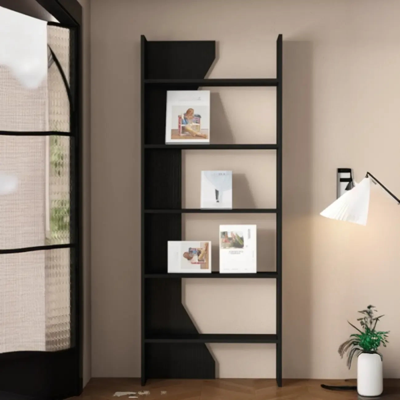 Simple Black Wood 5-Shelf Open Rectangle Bookcase